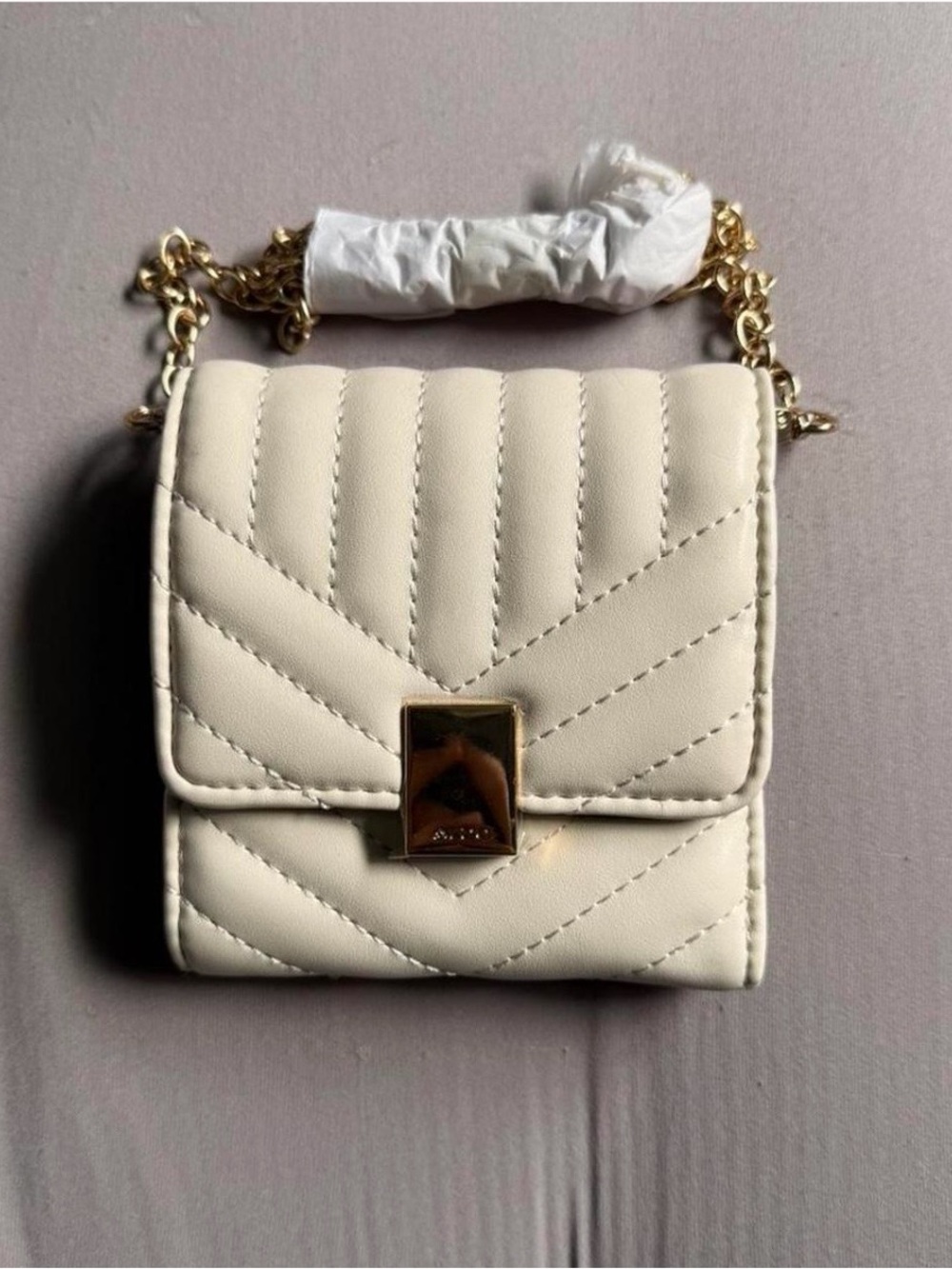 Aldo Quilted Cream Mini Crossbody Wallet with Gold Hardware